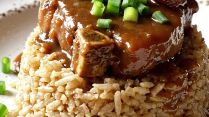 A close-up shot of Cajun smothered pork chops with sausage and vegetables in a red crockpot.