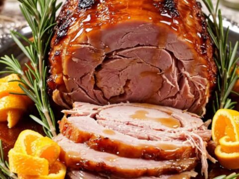 A festive spiral-cut ham glazed in a glossy amber sauce served on a silver platter with orange slices and rosemary.