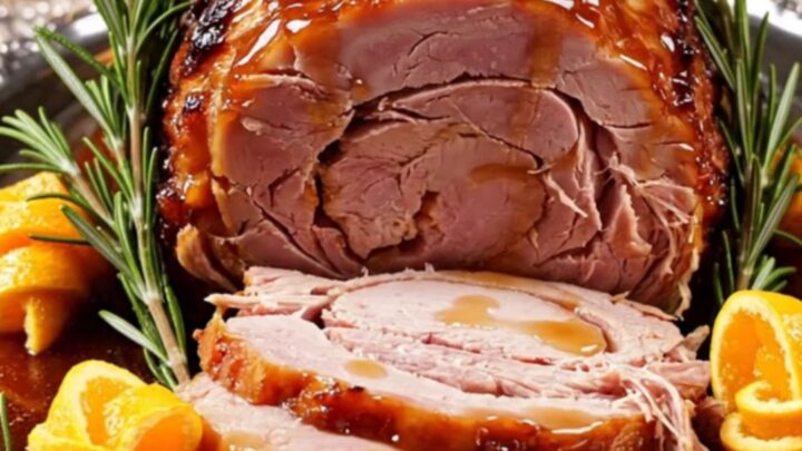A festive spiral-cut ham glazed in a glossy amber sauce served on a silver platter with orange slices and rosemary.