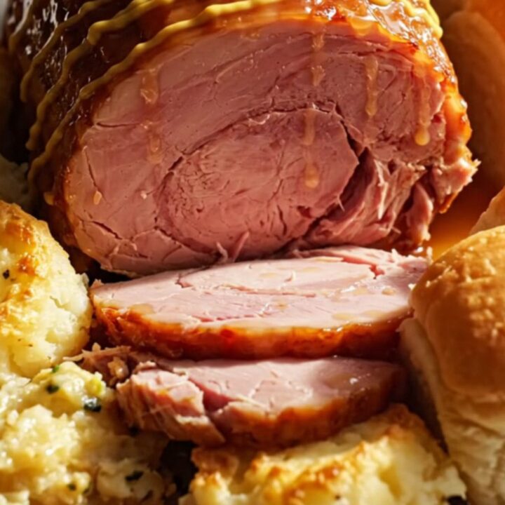A festive holiday ham with a golden honey-mustard glaze served on a platter with scalloped potatoes.
