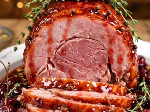 A glistening, ruby-red glazed spiral-cut ham served on a white platter, garnished with fresh thyme and dark sweet cherries.
