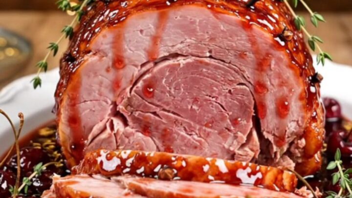 A glistening, ruby-red glazed spiral-cut ham served on a white platter, garnished with fresh thyme and dark sweet cherries.
