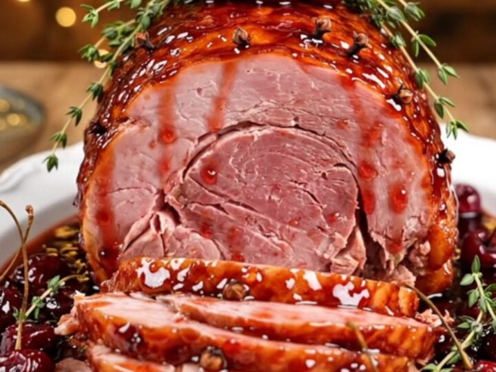 A glistening, ruby-red glazed spiral-cut ham served on a white platter, garnished with fresh thyme and dark sweet cherries.