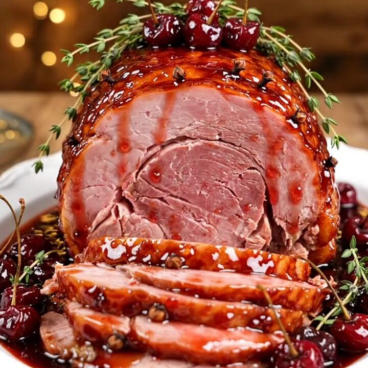 A glistening, ruby-red glazed spiral-cut ham served on a white platter, garnished with fresh thyme and dark sweet cherries.