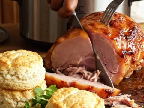 A glistening, diamond-scored picnic ham with a rich apricot-Dijon glaze on a wooden board.