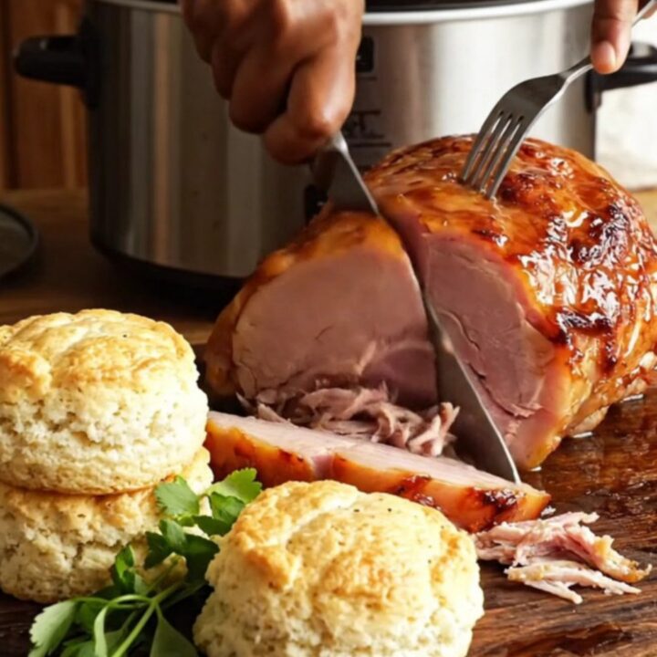 A glistening, diamond-scored picnic ham with a rich apricot-Dijon glaze on a wooden board.