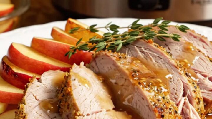 A close-up of sliced maple-Dijon pork tenderloin medallions on a white platter with cooked apples.
