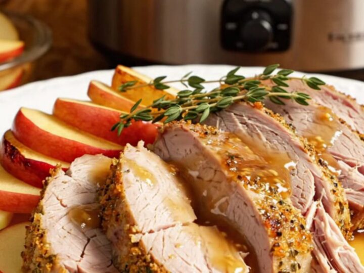 A close-up of sliced maple-Dijon pork tenderloin medallions on a white platter with cooked apples.