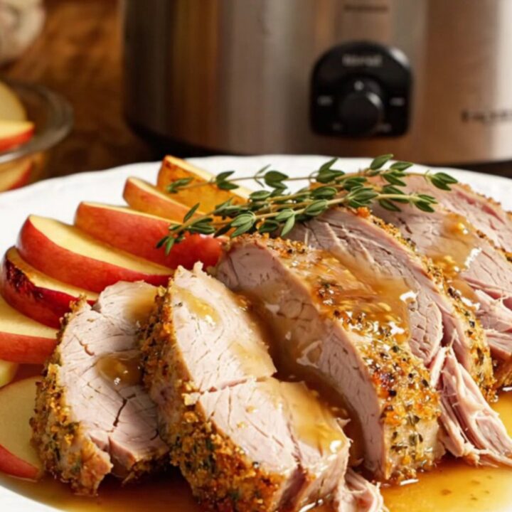 A close-up of sliced maple-Dijon pork tenderloin medallions on a white platter with cooked apples.