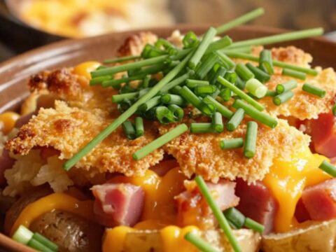 A golden, bubbling scalloped potato and ham casserole served in a white bowl with fresh chives.