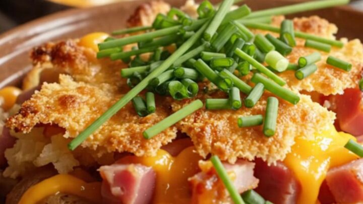 A golden, bubbling scalloped potato and ham casserole served in a white bowl with fresh chives.