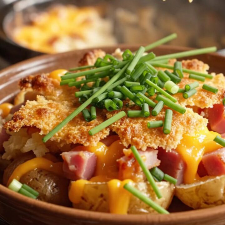 A golden, bubbling scalloped potato and ham casserole served in a white bowl with fresh chives.