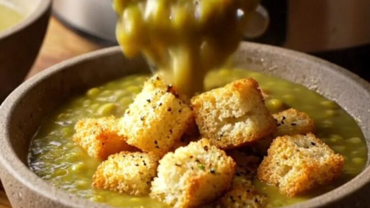 A rustic ceramic bowl filled with thick, emerald-green split pea soup topped with golden garlic butter croutons.