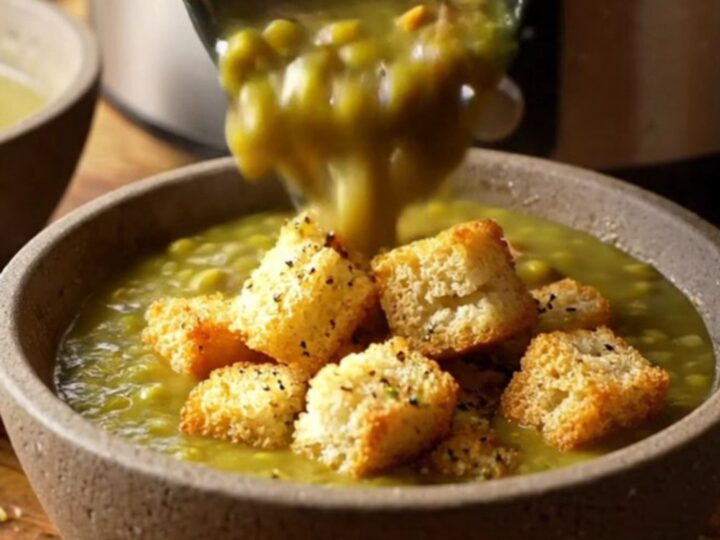 A rustic ceramic bowl filled with thick, emerald-green split pea soup topped with golden garlic butter croutons.