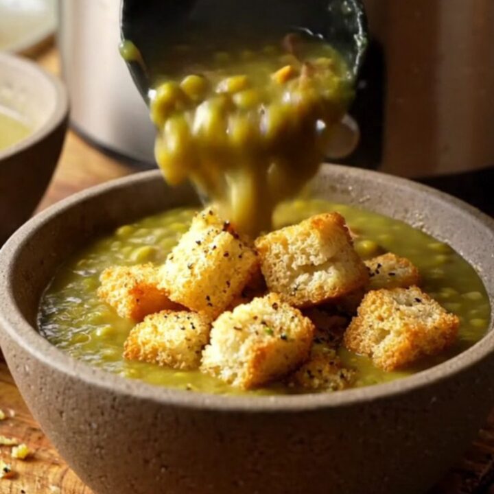 A rustic ceramic bowl filled with thick, emerald-green split pea soup topped with golden garlic butter croutons.
