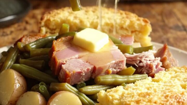 A rustic ceramic crockpot filled with smoky ham, vibrant green beans, and tender baby red potatoes in a savory broth.