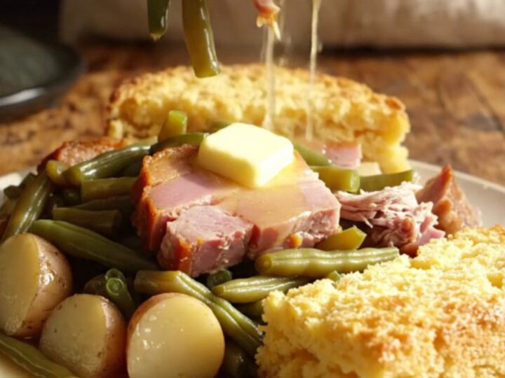 A rustic ceramic crockpot filled with smoky ham, vibrant green beans, and tender baby red potatoes in a savory broth.