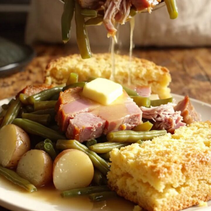 A rustic ceramic crockpot filled with smoky ham, vibrant green beans, and tender baby red potatoes in a savory broth.