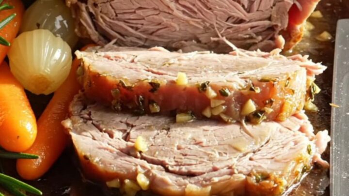 A golden-brown sliced pork loin roast served on a wooden board with baby carrots and onions.