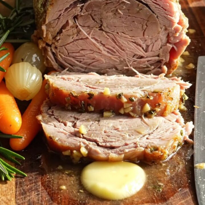 A golden-brown sliced pork loin roast served on a wooden board with baby carrots and onions.