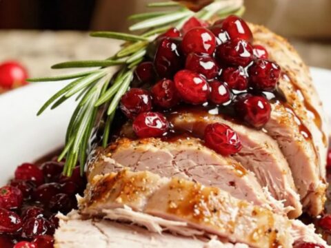 A close-up of sliced pork tenderloin topped with a glossy, ruby-red balsamic cranberry compote on a white platter.