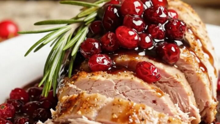 A close-up of sliced pork tenderloin topped with a glossy, ruby-red balsamic cranberry compote on a white platter.