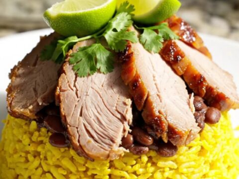 A white ceramic slow cooker filled with tender Cuban roast pork loin and savory black beans.