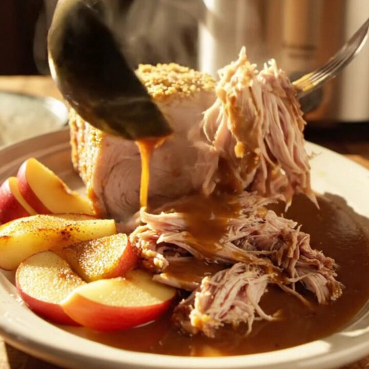 A succulent slow-cooked pork loin topped with a caramelized brown sugar and mustard crust, served with tender baked apples.