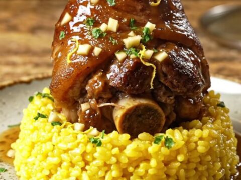 A towering braised pork shank served over creamy saffron risotto with a vibrant lemon-garlic-parsley gremolata.