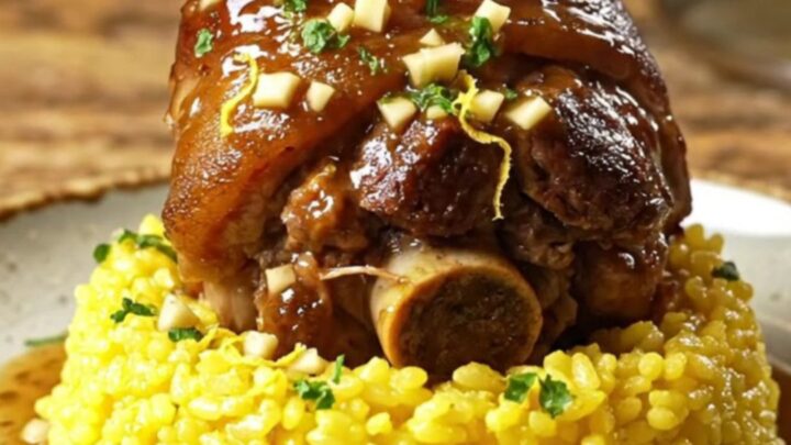A towering braised pork shank served over creamy saffron risotto with a vibrant lemon-garlic-parsley gremolata.