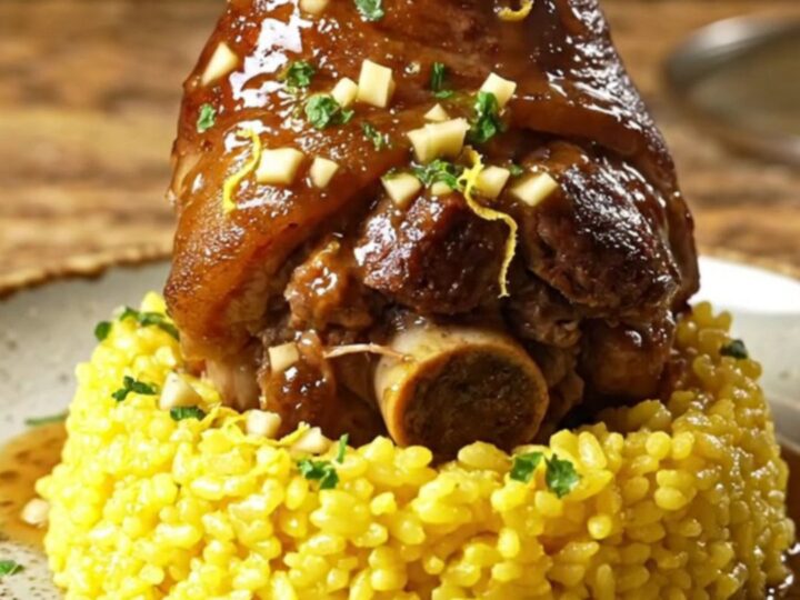 A towering braised pork shank served over creamy saffron risotto with a vibrant lemon-garlic-parsley gremolata.