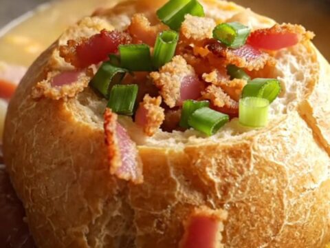 A close-up of a creamy chowder in a bread bowl, topped with bacon bits and green onions.
