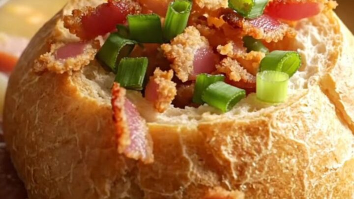 A close-up of a creamy chowder in a bread bowl, topped with bacon bits and green onions.