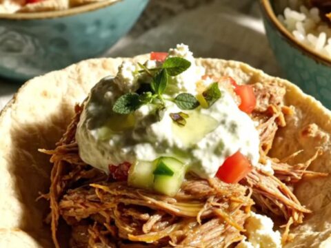 A close-up of a blue ceramic slow cooker filled with shredded Greek-style pork shoulder and lemon juices.