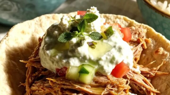 A close-up of a blue ceramic slow cooker filled with shredded Greek-style pork shoulder and lemon juices.