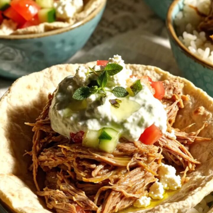 A close-up of a blue ceramic slow cooker filled with shredded Greek-style pork shoulder and lemon juices.