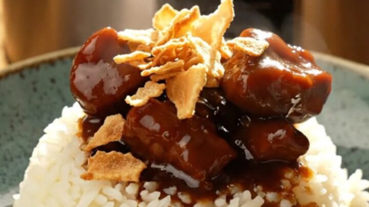 A bowl of glossy Filipino Pork Adobo served over steaming white jasmine rice, topped with golden crispy garlic chips.