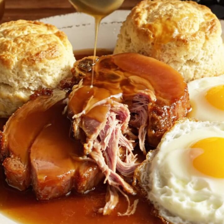 A close-up of a thick-cut ham steak glazed in a shiny bourbon peach sauce served on a ceramic plate.