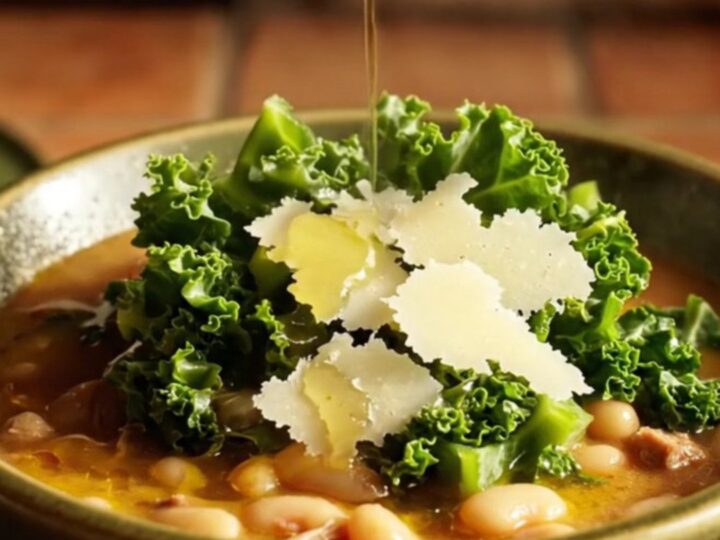 A rustic olive-green ceramic slow cooker filled with shredded pork ragù, beans, and bright green kale.