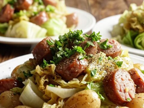 A rustic white stoneware crockpot filled with smoked sausage, cabbage wedges, and gold potatoes in a savory broth.