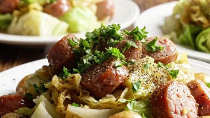 A rustic white stoneware crockpot filled with smoked sausage, cabbage wedges, and gold potatoes in a savory broth.