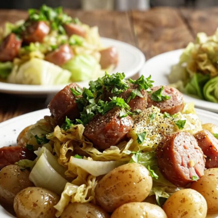 A rustic white stoneware crockpot filled with smoked sausage, cabbage wedges, and gold potatoes in a savory broth.