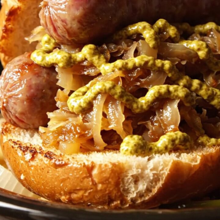 Plump, golden-brown bratwurst links nestled in a bed of sauerkraut and caramelized apples in a rustic stoneware slow cooker.
