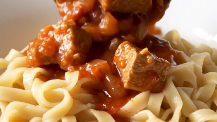 A bowl of warm, creamy pork goulash with tender meat and a rich red paprika sauce over egg noodles.