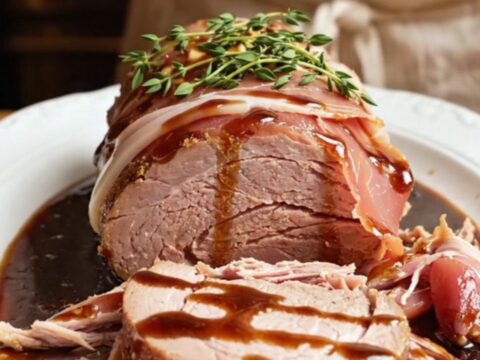 A beautifully glazed prosciutto-wrapped pork loin served on a white platter with fresh thyme.