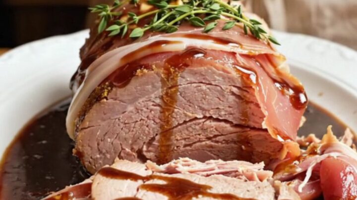 A beautifully glazed prosciutto-wrapped pork loin served on a white platter with fresh thyme.