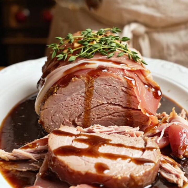 A beautifully glazed prosciutto-wrapped pork loin served on a white platter with fresh thyme.