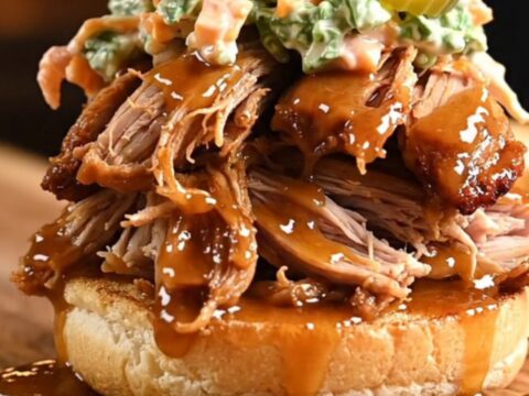 A glossy, vibrant Nashville hot honey pulled pork sandwich on a brioche bun with pickles.