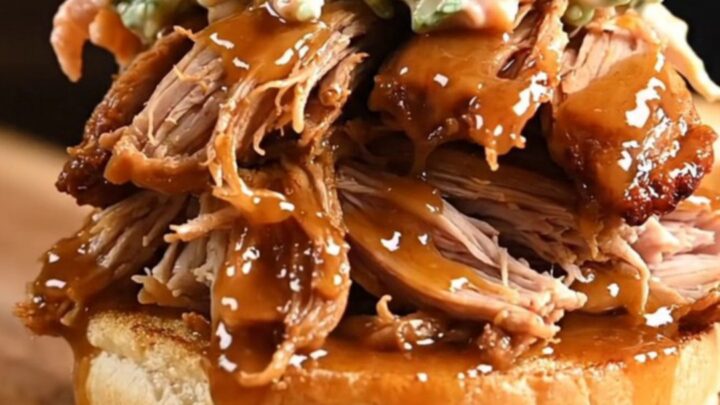 A glossy, vibrant Nashville hot honey pulled pork sandwich on a brioche bun with pickles.