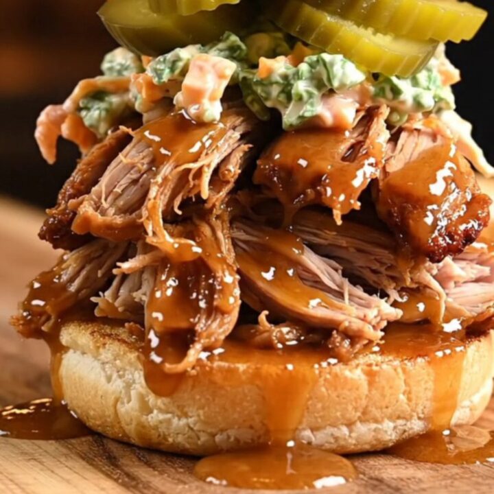 A glossy, vibrant Nashville hot honey pulled pork sandwich on a brioche bun with pickles.